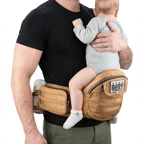 Dinictis Baby Hip Carrier for Dad, Ergonomic Military Style Waist Carrier with Hip Seat for Baby & Toddler (Up to 45 lbs), Adjustable Wide Waistband, MOLLE Webbing & Multiple Pockets, Coyote Brown