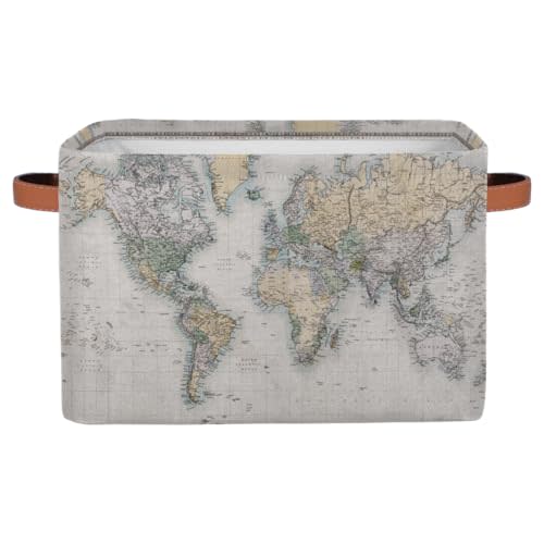 Vintage World Map Storage Basket Collapsible Laundry Organizer with Leather Handles Retro Map Print Rectangular Storage Box Bin 1 PC for Bathroom Clothes Kids Toys Nursery
