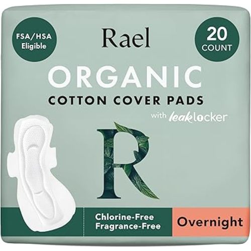 Rael Pads for Women, Organic Cotton Cover - Period Pads with Wings, Feminine Care, Sanitary Napkins, Heavy Absorbency, Unscented, Ultra Thin (Overnight, 20 Count)