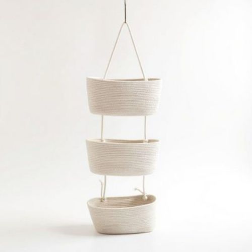 Anna-Kaci 3-Tier Hanging Rope Basket Organizer with Braided Design and Loop Handle 17.5in (5.5x2.8in) - White