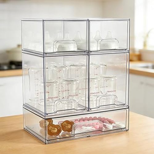 MINMUNJIU Baby Bottle Organizer, 5 Pack Clear Space-Saving Stackable Drawer with Handle, Baby Bottle Storage Organizer for Countertop and Cabinet