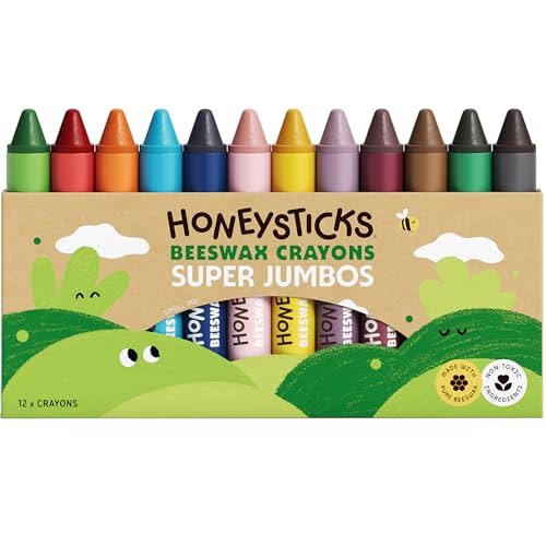 Honeysticks Super Jumbo Crayons (12 Pack) - Non Toxic Crayons for Kids - 100% Pure Beeswax and Food Grade Colors - For Toddlers 1-3, Unbreakable, Extra Large, Easy to Hold and Use, Eco-Friendly