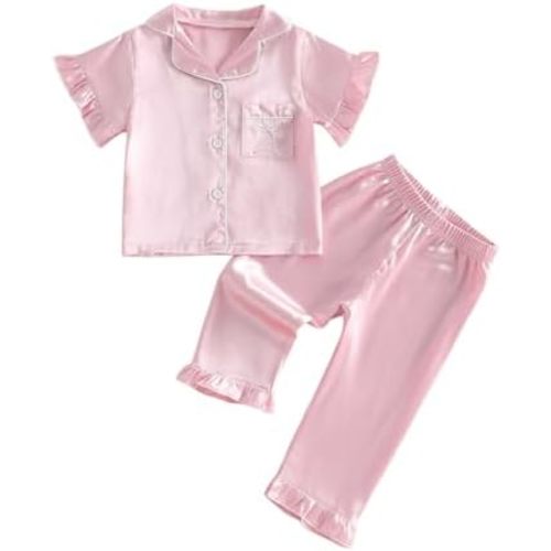 Kuriozud Toddler Girl Satin Pajamas Baby Ruffle Sleeve Button Down 2 Piece Pajama Set Little Girls Sleepwear Summer Pajamas