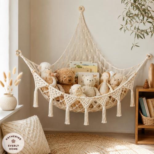 Macrame Hammock, Boho Nursery Wall Storage, Stuffed Animal Net, Toy Room Storage, Kids Room Decor, Nursery Decor