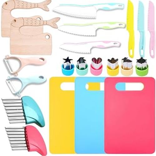 21 Pcs Montessori Kitchen Tools for Toddlers-Kids Cooking Sets Real-Toddler Safe Knives Set for Real Cooking with Toddler Safe Knives Crinkle Cutter Kids Cutting Board Toddler Birthday Gift Christmas.