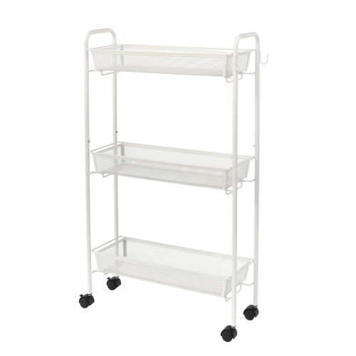 Mainstays Slim 3-Tier Rolling Bathroom Storage Cart with Hooks, White, Steel, Narrow Spaces
