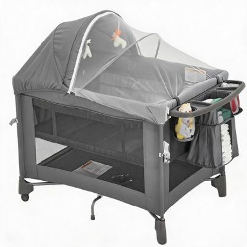 5 in 1 Baby Bassinet and Bedside Crib, Portable Pack and Play with Diaper Changer, Mattress, Toy Bar and Insect Net for Newborn to Toddler