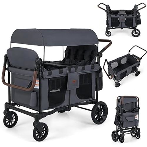 INFANS 4 Seater Wagon Stroller, All-Terrain Foldable Wagon for 4 Kids with Adjustable Push Pull Handles, 5-Point Harness, Detachable Seats, Snack Tray, Insulated Organizer, Removable Canopy (Grey)