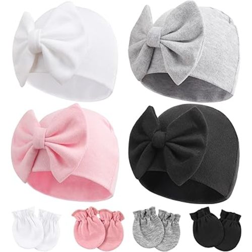 Newborn Baby Hats and Mittens Set Infant Bow Beanie Cap Toddler Gloves Newborn Hospital Hats for Baby Boy Girl 0-6 Months