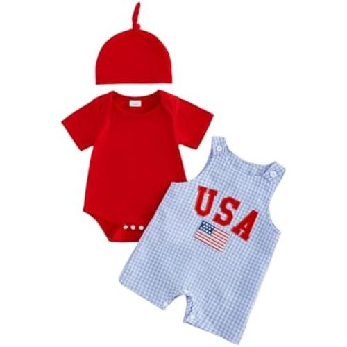 Newborn Baby Boy 4th of July Outfit Short Sleeve Romper USA Flag Embroidery Plaid Overalls Pants Hat 3 Piece Sets