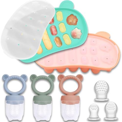 JEXFUN Silicone Baby Fruit Food Feeder Pacifier & Freezer Tray Set, Breastmilk Popsicle Mold for Teething, Silicone Baby Food Storage Containers for Baby Teething & Infant Self Feeding, BPA Free, C