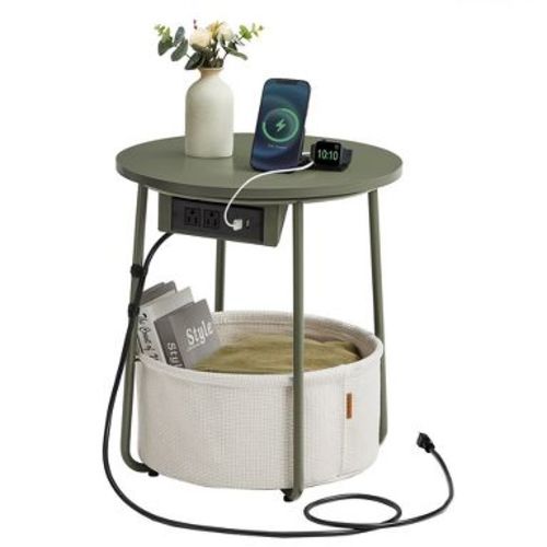 VASAGLE Side Table with Charging Station, Round End Table With Fabric Basket, with Power Outlets USB Ports Forest Green and Cream White