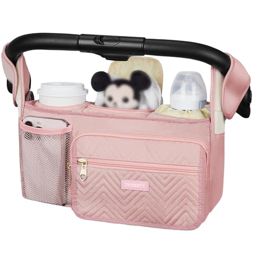 Universal Stroller Organizer with Insulated Cup Holder,Stroller Caddy Bag with Wet Wipes Pocket,Stroller Accessories Fits for Uppababy,Doona,Jogger,Britax,Mompush,BoB Strollers,Pink