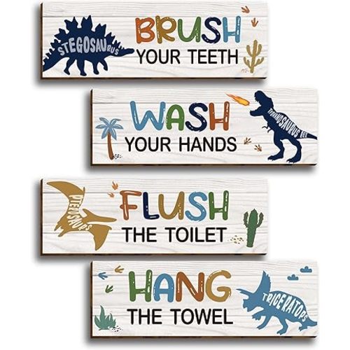 4 Pcs Watercolor Dinosaur Bathroom Wall Decor, Funny Bathroom Rules Wooden Hanging Sign Toilet Restroom Wall Decor, Dinosaur Wall Art Signs for Boys (11.8”X4”), Placards of Wood, Works of Art of Wood