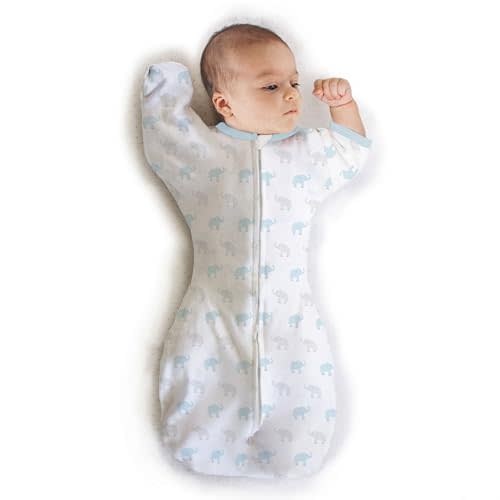 Amazing Baby Transitional Swaddle Sack with Arms Up Half-Length Sleeves and Mitten Cuffs, Medium, 3-6 months, 14-21 lbs, Tiny Elephants, Blue (Arms Up Swaddle, Transition Swaddle Sleep Sack)