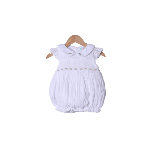 Smocked Heirloom Floret White Linen Bubble