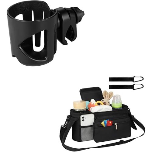 Accmor Universal Stroller Cup Holder + Organizer Set, Fits Uppababy, Baby Jogger & More, Black Plastic