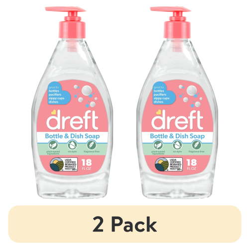 (2 pack) Dreft Plant-Based Liquid Dish Soap and Dishwashing Detergent for Baby Bottle, Fragrance Free Baby Essentials, 18 fl oz