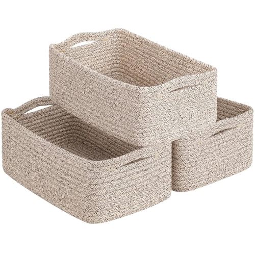 Goodpick Baskets for Organizing, Storage Basket for Shelves, Baskets for Gifts, Woven Bakset 3 Pack for Living Room, 11 x 7 x 4.5 in, White & Brown