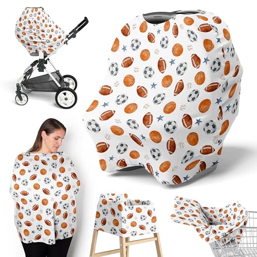 Sweet Jojo Designs Sports Theme Boy Infant Baby Car Seat Cover Nursing Breastfeeding High Chair Shopping Cart Stroller Carseat Canopy Carrier Multipurpose Use Watercolor Vintage Sport Themed Blue Star