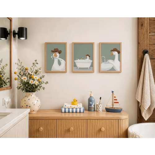 Cowboy Goose Bathroom Wall Art Set, Silly Duck Prints, Whimsical Animal Decor