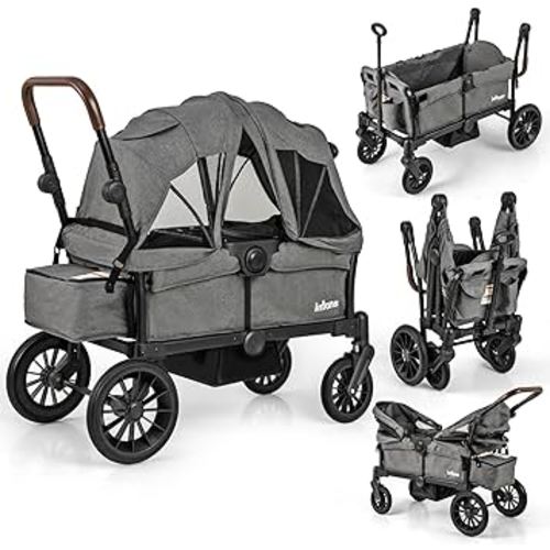 INFANS Wagon Stroller for 2 Kids, Collapsible Adjustable Push Pull Handle Bar, 2 Seater Stroller Wagon with Removable Canopy Snack Tray, Comfortable Drop-Down footwell and Upholstered Seats