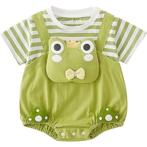 Infant Baby 3D Frog Romper Bodysuit, Cute Animal Striped 𝙿a𝚓amas Toddler Short Sleeve 𝙾nesie Cotton Playsuit
