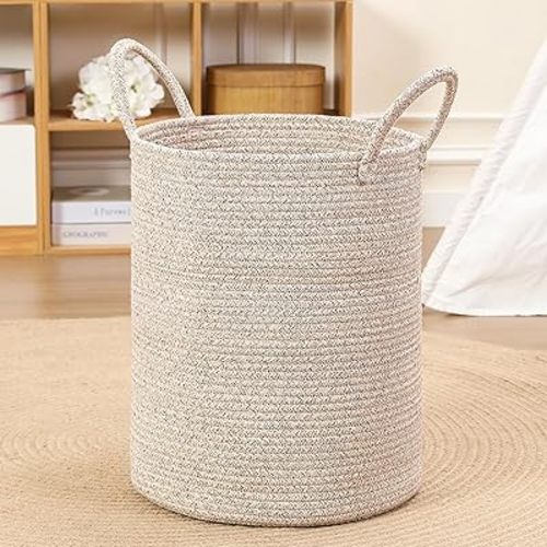 60L Large Woven Laundry Basket Hamper, 100% Natural Cotton Rope, Handwoven & Durable, Storage for Blankets, Toys, Clothes, Decorative Nursery Hamper for Living Room, Baby Room, Bedroom (Brown)
