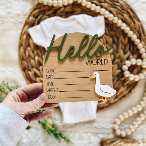 Goose Birth Announcement Wood Hospital Sign - Newborn Birth Stat Circle - Milestone Card - Hello World  Sign - 3D Wood Photo Prop with bow
