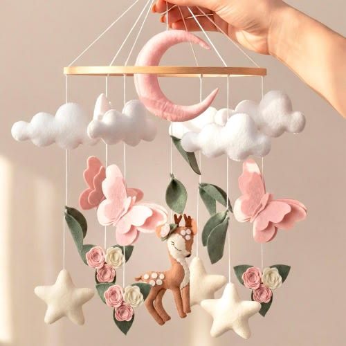 Deer Baby Mobile + Wooden Arm Holder + Music Box | Pink Girls Nursery Decor | Woodland Newborn Crib Toys