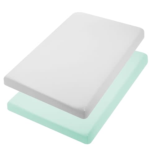 TILLYOU Mini Crib Fitted Sheets - Soft Knit Sheet for Pack N Play, Microfiber Mini Crib Sheets, Playpen Bedding Sheet for Baby 2 Pack, Machine Washable, 38'' x 24'', Light Green & Light Gray