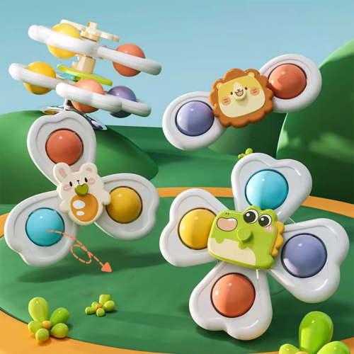 syligr 3Pcs Suction Cup Spinning Toy for 6-24 Months Babies, Rotating Sensory Play, Montessori Early Learning Toys Develop Fine Motor Skills, BPA-Free Infant Activity Center with Cartoon Characters