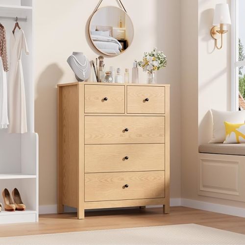 IDEALHOUSE Natural Oak Dresser for Bedroom, Tall 5 Drawer Dresser with Deep Drawers & Metal Knobs, Modern Wooden Double Chests of Drawers for Kids Bedroom, Entryway, Hallway