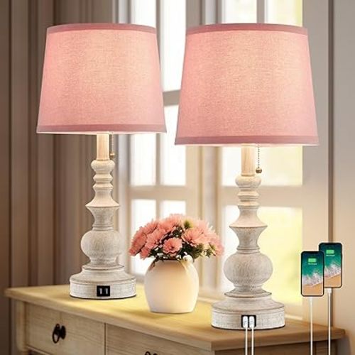 Drawealth 22'' Bedside Table Lamps Set of 2 Modern Farmhouse Nightstand Lamps for Bedroom with USB Charging Ports Vintage Boho Table Lamps for Girls Kids Living Room,Pink Shade,Bulbs Not Included