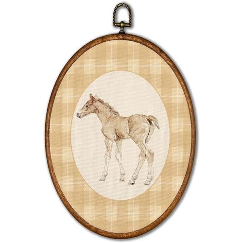 KSDUT Vintage Horse Nursery Wall Art Decor - Retro Western Yellow Plaid Wall Art Canvas Frame Hanging Prints, Neutral Nursery Gallery Oval Artwork Decor for Home Decorations 8.6"x11.4"
