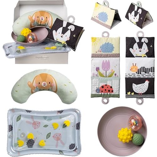 Taf Toys Baby Tummy Time Kit High Contrast Black and White Crinkle Book, Tummy Time Support Cushion, Baby Activity Water Mat, Sensory Balls, Plate - Newborn Infant Sensory Toy Set 0 Month. Gift Set
