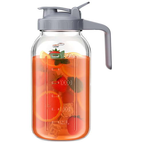 GOSCHE Glass Pitcher, 64 oz Large Mason Jar Pitcher with Lid and Spout, Pitcher with Lid for Cold Brew Coffee, Ice Beverage, Sun Tea, Gray
