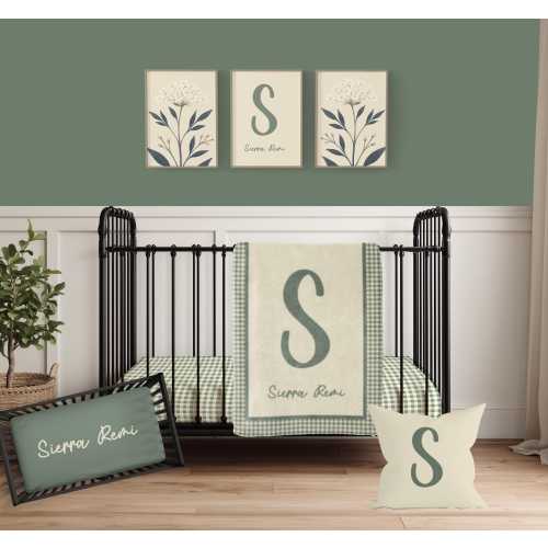 Gingham Nursery Crib Bedding Set – Sage Green Personalized Blanket & Fitted Sheet, Gender Neutral Nursery Decor