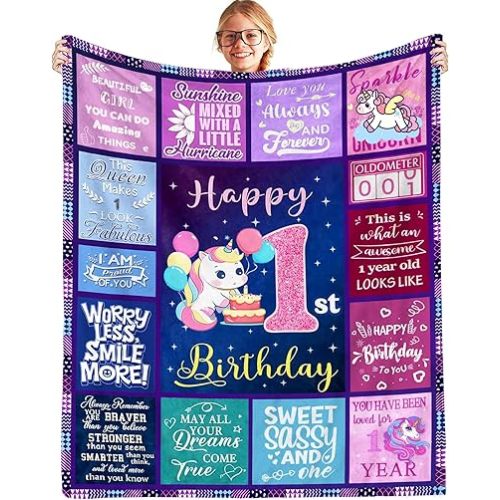 One Year Old Girl Birthday Gifts - Ultra Soft Blanket for 1st Birthday Girl Gifts,Present for One Year Old Baby Girl Celebration Fleece Throw Blanket 50"x40"