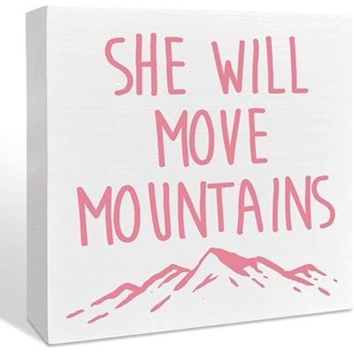Wooden Box Sign: She Will Move Mountains - Inspirational Girls Room Decor, Motivational Nursery Gift for Baby Showers