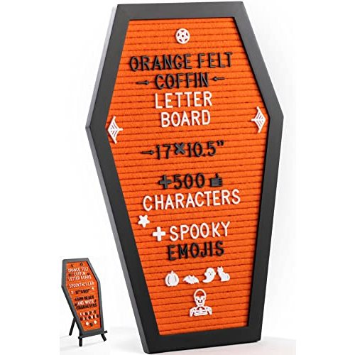 Coffin Letter Board Orange With Spooky Emojis +500 Characters, and Wooden Stand - 17x10.5 Inches - Gothic Halloween Decor Spooky Gifts Decorations