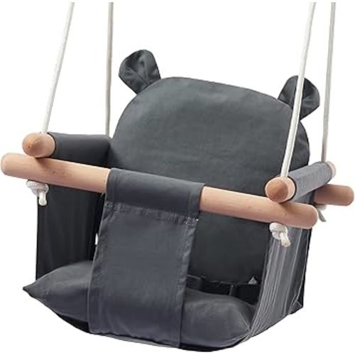 Secure Baby Swing Seat with Safety Belt - Baby Canvas and Wooden Swing Chair with Ear Décor Cushion - Hanging Indoor Swing for Infants & Baby Swing Outdoor - Tree Toddler Swing for Backyard Outside
