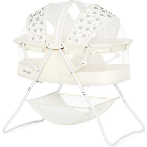 Dream On Me Karley Bassinet in French White, Lightweight Portable Baby Bassinet, Quick Fold and Easy to Carry , Adjustable Double Canopy, Indoor and Outdoor Bassinet with Large Storage Basket.
