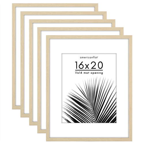 Americanflat 16x20 Picture Frame with Polished Plexiglass with 11x14 Mat 5 Pack Display Photo - Natural Oak