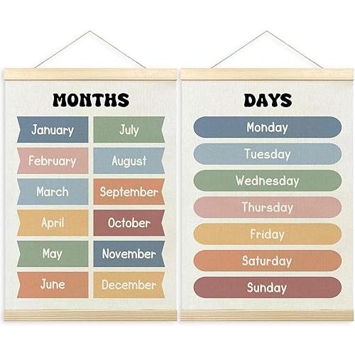 Months of the Year Days of the Week Chart Poster Hanger Frame for Toddler Kid Classroom Set of 2, Homeschool Hanging Wall Art for Nursery Playroom, Preschool Learning Educational Poster, 12x16