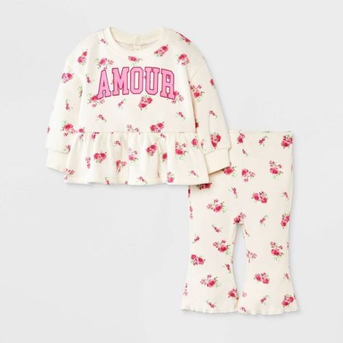 Baby Girls' 2pc Amour Love Floral Fleece Sweatshirt & Pants Set - Off-White 0-3M