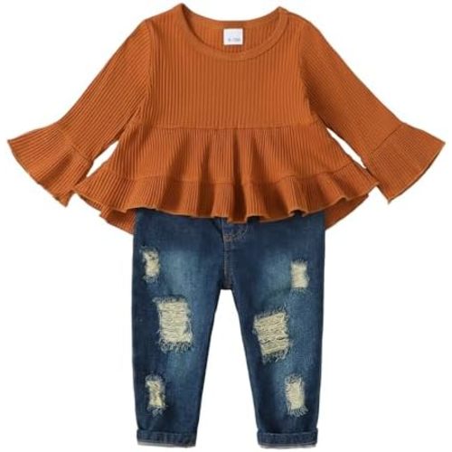 Toddler Baby Girl Clothes Winter Fall Outfits Long Sleeve Ruffle Shirt and Flare Denim Jeans Girls Clothing Set