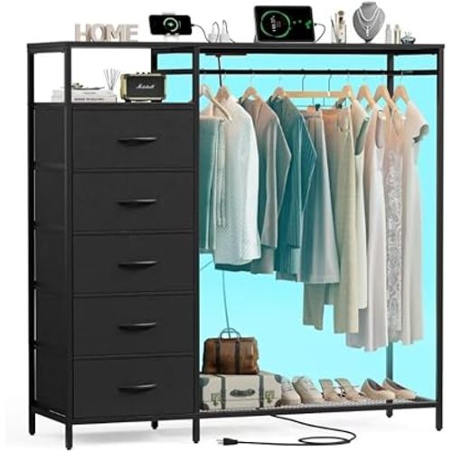 47 Inch Black Dresser with LED Lights & Hanging Rack, 5 Drawer Fabric Dresser with Charging Station and Shelves, Tall Closet Organizer for Bedroom Clothes Storage