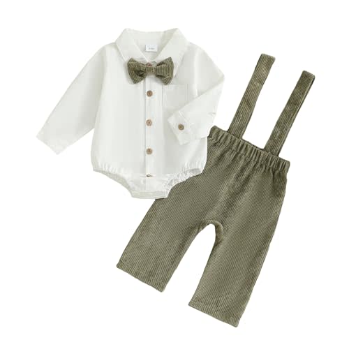 PUHHAPIEY Baby Boy Gentleman Wedding Outfit Dress Romper Suspender Pants | 0 3 6 9 12 18 Month Boy, Long Sleeve Button Bowtie Romper+Suspender Overalls Pants, Baby Boy Formal Dress Outfit for Wedding