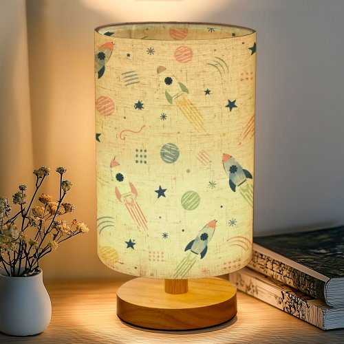 16-Color Dimmable Table Lamp, Space Rocket Colorful Cartoon Rockets Stars Cosmic Bedside Nightstand Light with Wood Base Fabric Shade Bedroom Nursery Living Room Office